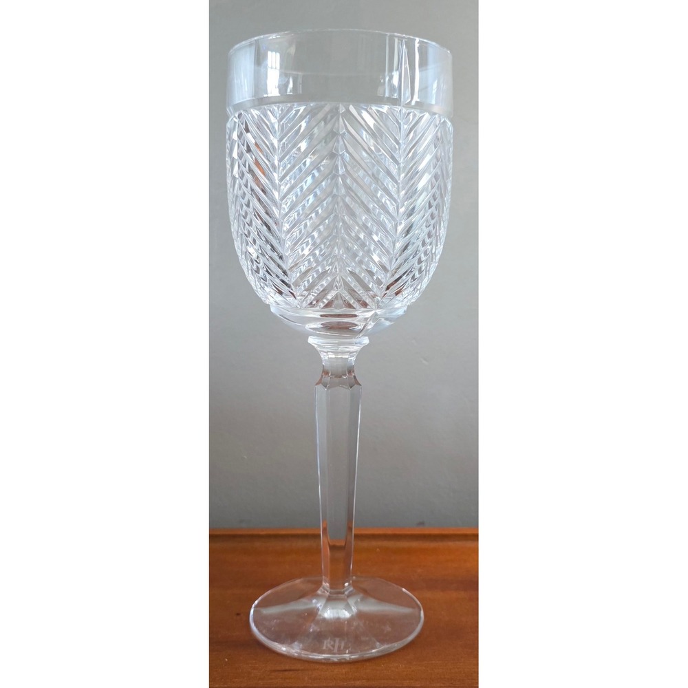 Ralph Lauren Herringbone Crystal Water Goblet Etched RL Monogram Stemware Clear